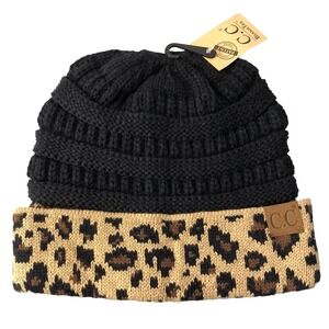 C.C Exclusive Beanie Tail Hat‎ Women's Black Brown Leopard W/ Ponytail Hole NWT
